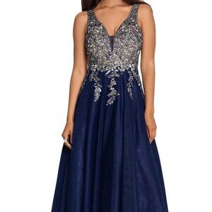 Xscape Navy Blue And Gold Embroidered Bodice A-Line Gown